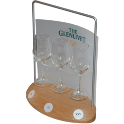 Eiche-Sockel mit 3 Fräsungen für Gläser mit Rückwand aus Acrylglas in frostoptik und Logodruck