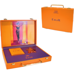 Präsentationskoffer aus Holz, orange lackiert mit Siebdruck. Einlage mit lilafarbenem Nappa-Imitat bezogen.