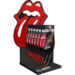 Counter Display 'Rolling Stones' aus schwarzem Melaminspan mit formgefräster Zunge aus Acrylglas
