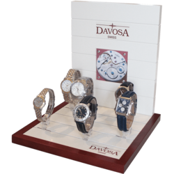 Thekendisplay DAVOSA, bestehend aus einer Sockelplatte und einer Rückwand mit Kunststoffstangen für Uhren