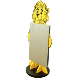 Bodenständer als Löwenfigur aus Grufo-MDF mit Farblackierung mit Harfaserlochplatte und Drahthaken.