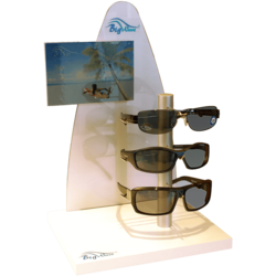 Thekenpräsenter für Polarisationsbrillen aus weißem Melaminspan mit 3 Brillenhaltern