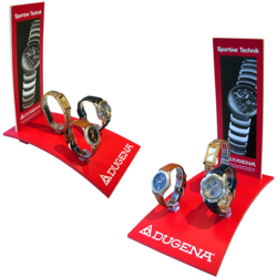 Uhrendisplay DUGENA - formgefräste und gebogene Bodenplatte mit Steckplakat und 3 Uhrenspangen
