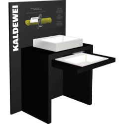 Waschbecken-Display aus schwarzem Melaminspan mit Digitaldirektdruck auf der oberen Rückwand für Kaldewei