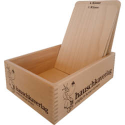 Holzkasten mit 4 Trennbrettern für Lernhilfe-Bücher vom Hauschka-Verlag