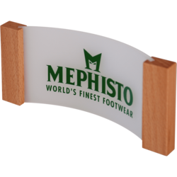 Logoaufsteller 'MEPHISTO' mit Logodruck auf satiniertem Acrylglas