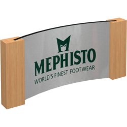 Aufsteller 'MEPHISTO' mit Logodruck auf Alu-Dibond-Material