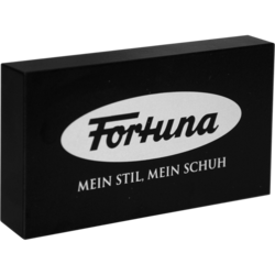 Logoaufsteller FORTUNA aus schwarz lackiertem Grufo-MDF mit Logodruck