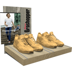 Grasshopper Schuh-Display aus Melaminspan mit digital bedruckter Rückwand und Logodruck